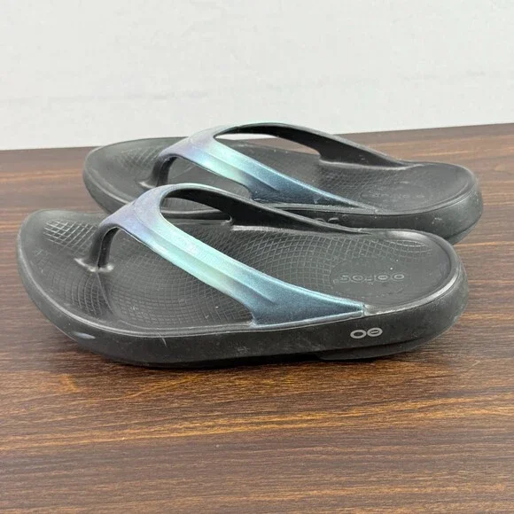Oofos Sandals Womens 10 Black Blue Thong Flip Flop Beach Walking Recovery - Picture 4 of 7